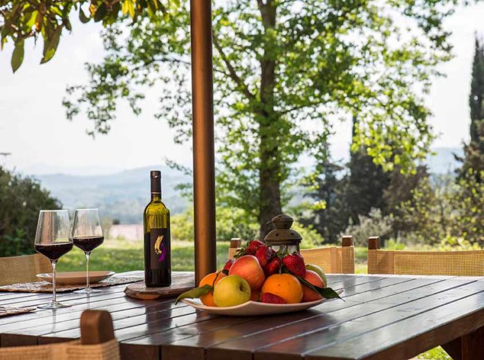 Farmhouse outdoor table with wine